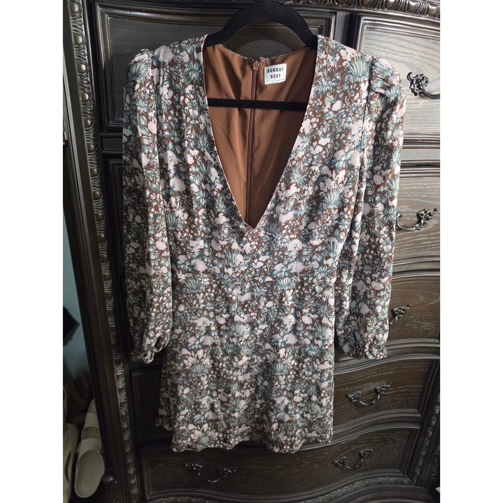 Sunday Best Aritzia Brown Floral V-Neck Long Sleeve Mini Dress Size 6